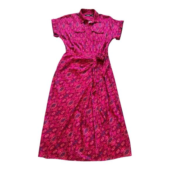 Lauren Ralph Lauren Dress Womens 4 Midi Fuchsia Geo-Print Shantung Tie-Waist - Picture 12 of 12